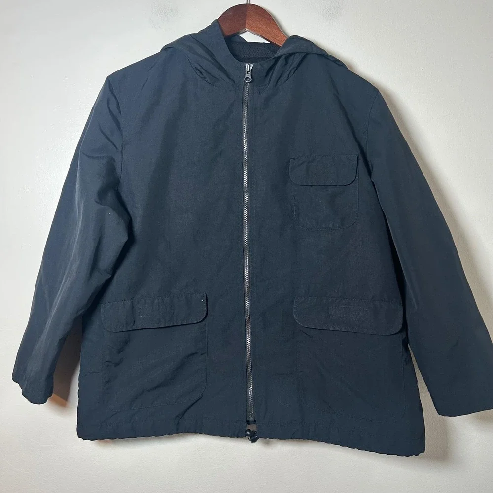 VINTAGE GAP Women Black Hooded Zip Up Jacket Lightweight Parka Size L